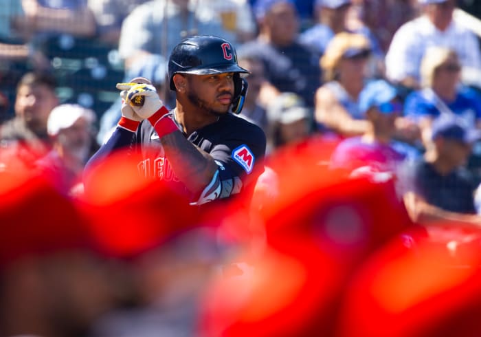 Mar 11, 2024; Goodyear, Arizona, USA; Cleveland Guardians infielder Deyvison De Los Santos (70) against the Los Angeles Dodgers during a spring training game at Goodyear Ballpark.